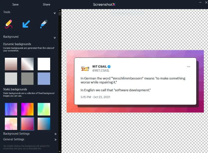 #工具 #软件screenshotx-属于windows的截屏美化工具screenshotx特点自由区域和窗口截图截图自动屏幕截图平衡添加漂亮的背景使用画笔工具绘制颜色选择器编辑敏感信息（即将推出）添加文本和注释（即将推出）突出重要领域（即将推出）无需注册即可共享屏幕截图官方：