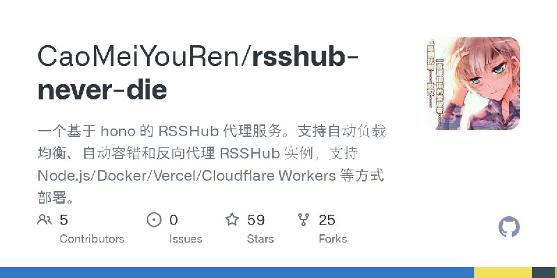 GitHub - CaoMeiYouRen/rsshub-never-die: 一个基于 hono 的 RSSHub 代理服务。支持自动负载均衡、自动容错和反向代理 RSSHub 实例，支持 Node.js/Docker/Vercel/Cloudflare…