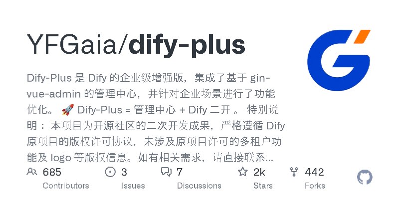 GitHub - YFGaia/dify-plus: Dify-Plus 是 Dify 的企业级增强版，集成了基于 gin-vue-admin 的管理中心，并针对企业场景进行了功能优化。 🚀  Dify-Plus = 管理中心 + Dify 二开 。 特别说明：…