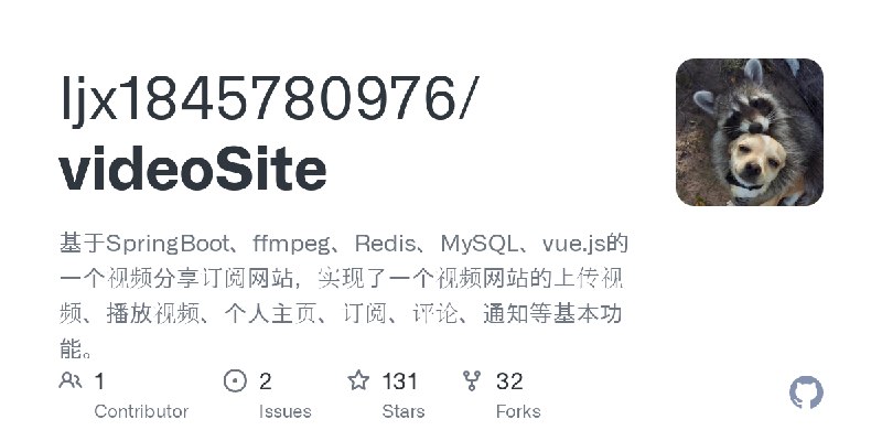 GitHub - ljx1845780976/videoSite: 基于SpringBoot、ffmpeg、Redis、MySQL、vue.js的一个视频分享订阅网站，实现了一个视频网站的上传视频、播放视频、个人主页、订阅、评论、通知等基本功能。