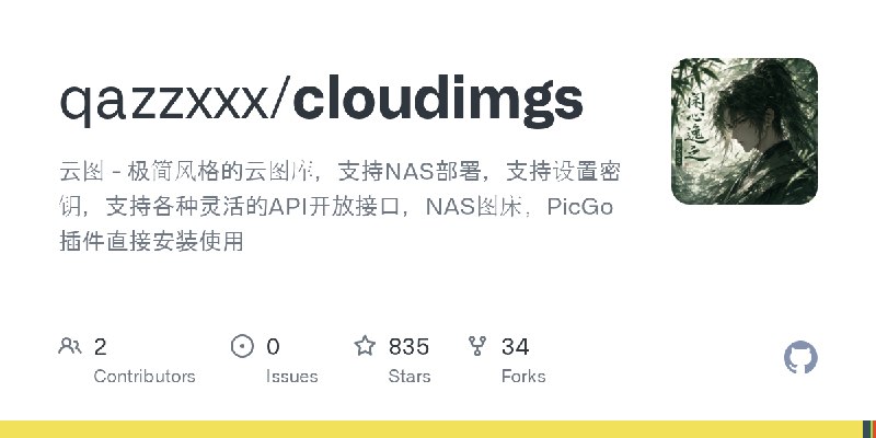GitHub - qazzxxx/cloudimgs: 云图 - 极简风格的云图库，支持NAS部署，支持设置密钥，支持各种灵活的API开放接口，NAS图床，PicGo插件直接安装使用