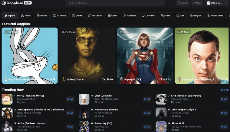 #AIDopple.ai-沉浸式AI角色聊天Dopple.ai是一个全新的支持各类角色模拟对话的程序，更贴切的还原了漫画及电影中人物的性格特色，遗憾的是界面不支持中文，但可以让AI角色进行中文对话官网：