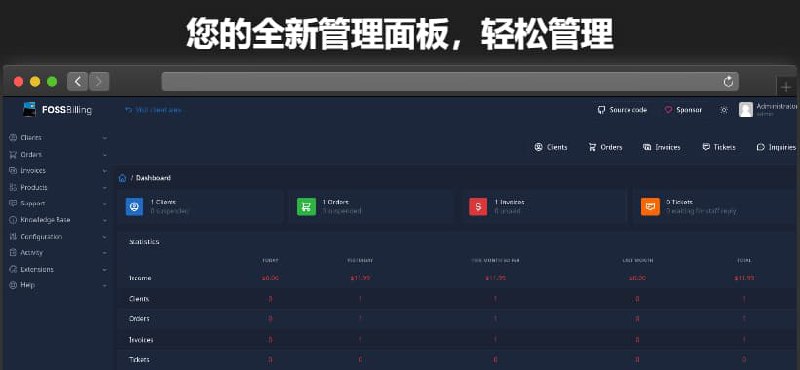 #开源FOSSBilling免费和开源 托管自动化通过FOSSBilling为您的托管业务提供支持，FOSSBilling是用于高效计费和客户管理的免费开源解决方案演示：