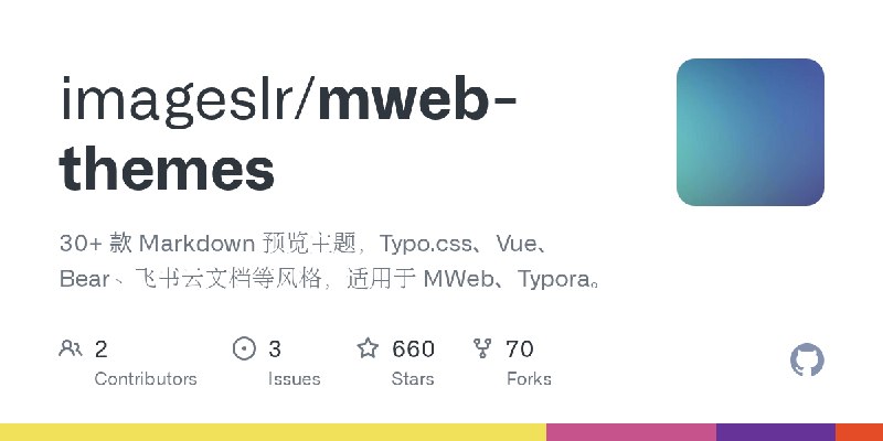 GitHub - imageslr/mweb-themes: 30+ 款 Markdown 预览主题，Typo.css、Vue、Bear、飞书云文档等风格，适用于 MWeb、Typora。