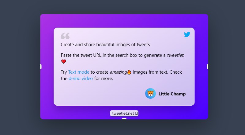 #网址 #网站Tweetlet-创造漂亮推文、文本、代码图像Tweetlet 是一个免费的工具，让你从你的推文、文本和任何其他图像中快速创建漂亮的图像背景、主题都可更换，官网：