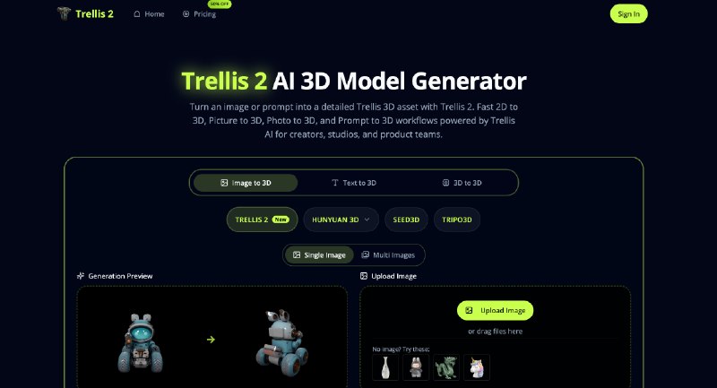 Trellis 2 AI 3D Generator | Free Image to 3D, No Sign Up