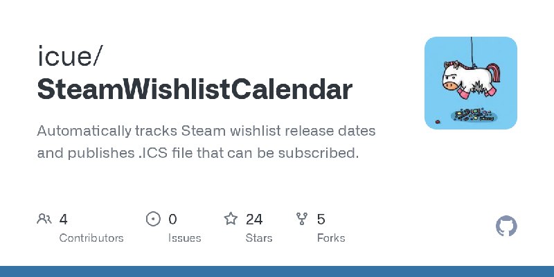 GitHub - icue/SteamWishlistCalendar: Automatically tracks Steam wishlist release dates and publishes .ICS file that can be subscribed.