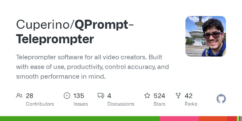 GitHub - Cuperino/QPrompt-Teleprompter: Teleprompter software for all video creators. Built with ease of use, productivity, control…