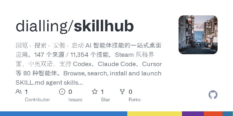 GitHub - dialling/skillhub: 浏览、搜索、安装、启动 AI 智能体技能的一站式桌面应用。147 个来源 / 11,354 个技能，Steam 风格界面，中英双语，支持 Codex、Claude Code、Cursor 等 80…
