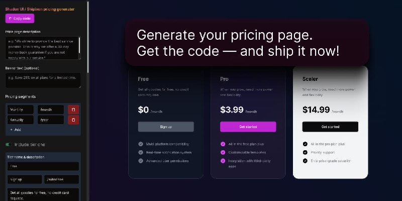 Pricing page generator: React, Vue, Shadcn UI & Tailwind CSS