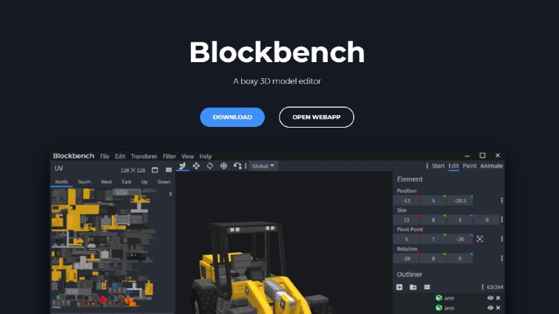 Blockbench是一个强大而现代化的Minecraft可视化3D建模编辑器，专为Minecraft而生，它可以制作各种模组、皮肤、材质贴图、OptiFine等3D模型所需的内容，现在还发展出了可以在浏览器运行的Web App