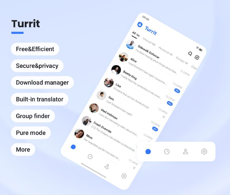 App Name: Turrit📁 Highlight: Turrit is a third-party Telegram client that not only offers the features of original Tg but also includes more distinctive features:Turrit是一款Telegram第三方客户端，默认支持全语言，除原版功能，还包括：💡Features：• Upload and download acceleration（高速上传下载资源，最高达20倍速）• Pre-send translation, supporting translation through ChatGPT （内置自动翻译器，发送前翻译，支持Chatgpt翻译）• One-click privacy settings to prevent strangers from joining groups （一件隐私设置，防止陌生人拉群）• Add friends through QR code scanning （二维码扫一扫快速加好友）• Support for removing Stories （支持移除Story）⬇️ Google Play: 点击⬇️ TF内测中📱 Platform:via Try Turrit App❤️