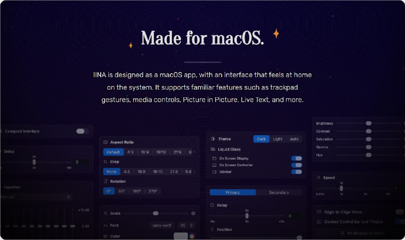 IINA | macOS的现代媒体播放器一款专为 macOS 设计的免费开源媒体播放器，基于强大的 mpv 播放引擎构建，提供符合 macOS 原生设计语言的现代化体验