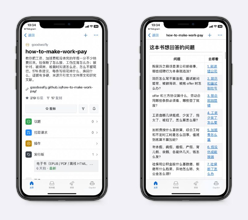 打工人必备的职场生存手册500多条建议，所有常用问题，包括劳动合同哪些条款必须看、加班费按什么基数算，综合工时和不定时工时是怎么回事等，可在线检索，也做成了AI可使用的Skill～