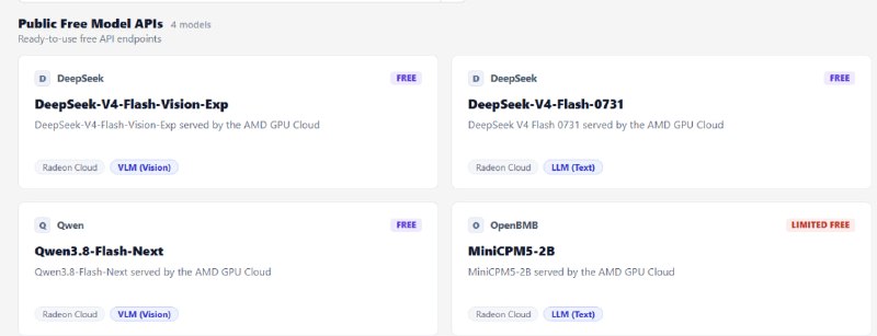 💎 AMD｜免费 AI API🤖 DeepSeek · Qwen · OpenAI 兼容🎁 免费使用◉ 无需银行卡◉ 无需充值◉ 注册即可获取 API Key⚡️ 支持模型🤖 DeepSeek V4 Flash🤖 Qwen3.8-Flash-Next🤖 MiniCPM5-1B🔌 OpenAI 兼容支持 OpenAI API 调用方式，方便开发者接入
