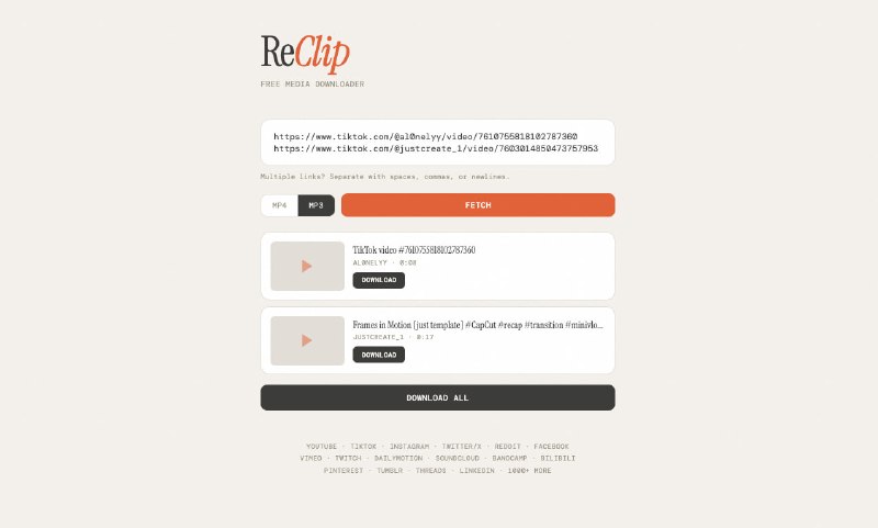 📎 🔁 ReClip📦 自托管下载工具 ｜ 视频/音频抓取 ｜ 开源项目