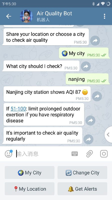 可以检查您所在位置空气质量的Telegram 机器人 发送位置拼音即可查询@aqindexbot
