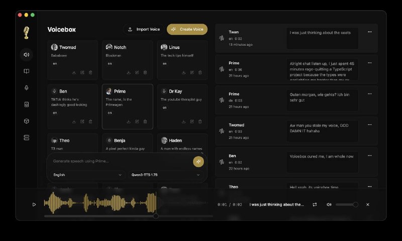 一款开源的桌面语音克隆工具刷到一段喜欢的配音？录下来，扔进去，三秒钟后你就能让这个角色念出你想说的任何话，包括视频旁白、给游戏角色配音等，也可以像剪视频一样，实现多角色对话～