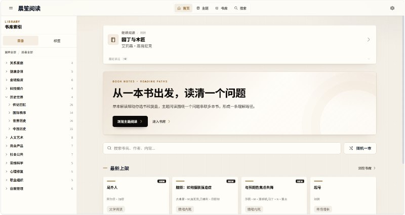 晨笙阅读 |书籍解读与主题阅读路径晨笙阅读通过单本书籍解读与跨书主题阅读，帮助你在阅读前判断是否值得精读，在阅读后复盘核心框架，并围绕真实问题建立阅读路径