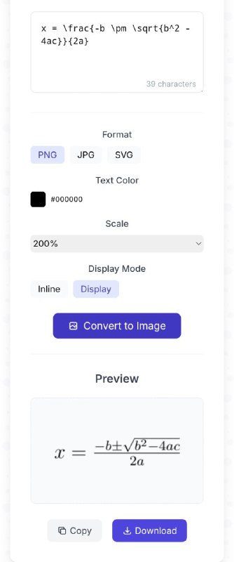 LaTeX 立即转换为图像格式（PNG、SVG） 强大的 LaTeX 到图像生成器