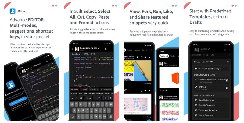 #ios #app优质app推荐-JSitor用于在手机和平  板电脑中编写、测试和共享 JavaScript、CSS 和 HTML 片段的高级编辑器