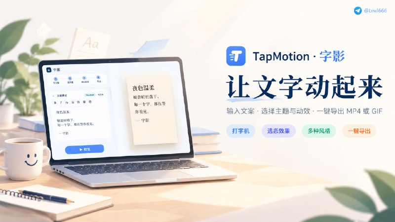 TapMotion · 字影输入文案、选择主题与动效，实时预览打字动态效果，一键导出 MP4 或 GIF
