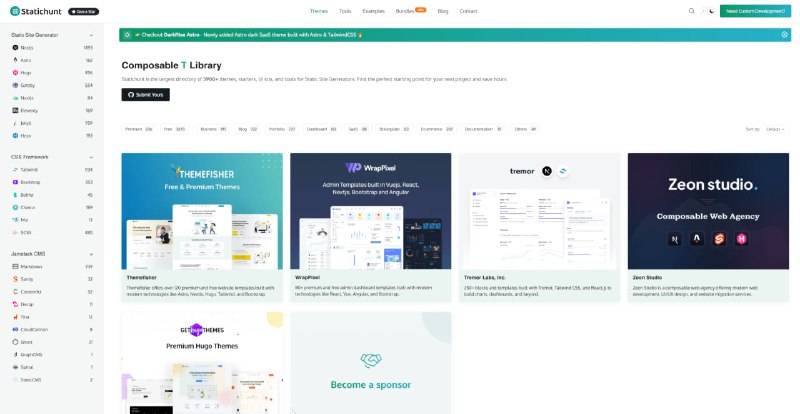 Statichunt 一个拥有超过 3900 种可组合主题、模板和工具的在线目录，专为静态网站生成器设计，为开发者提供了丰富的项目起始点，大幅节省开发时间